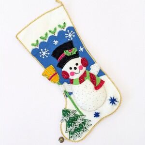 Vintage Finished Bucilla Felt Sequin Beaded Christmas Stocking Snowman w/Broom
